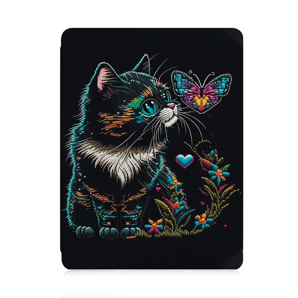 front view of personalized iPad case with pencil holder and Cute Cat design