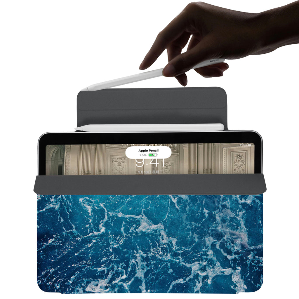 the VistaCase Personalized iPad Slim Fit Case with Ocean design,  The case includes built-in storage and a cutout for easy magnetic attachment of your Pencil, ensuring it's always within reach.