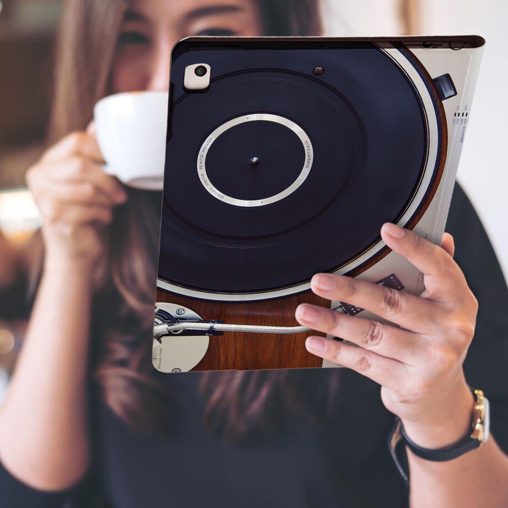a girl is holding and viewing personalized iPad folio case with Retro Vintage design