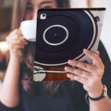 a girl is holding and viewing personalized iPad folio case with Retro Vintage design