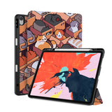 front back and stand view of personalized iPad case with pencil holder and Sushi Cats design - swap