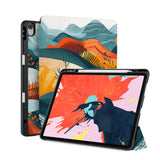 front back and stand view of personalized iPad case with pencil holder and Colorful Mountain design - swap